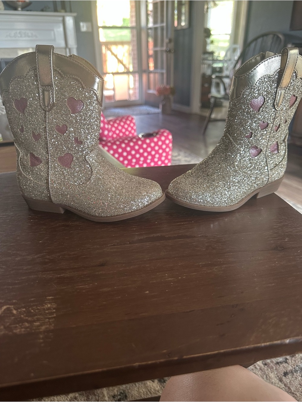 Cat & Jack Gold Glitter Cowboy Boots with Pink Heart Accents